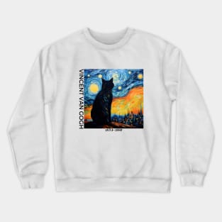 Vincent Van Gogh Artstyle, classic vincent van gogh painting, cat and starry night painting, oil painting, black cat, funny cat Crewneck Sweatshirt